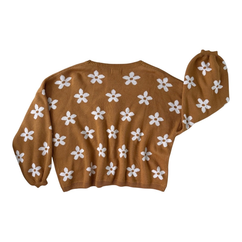 Altar'd State Brown White Daisy Floral V-Neck Balloon Sleeve Sweater Women's Med - Picture 4 of 6